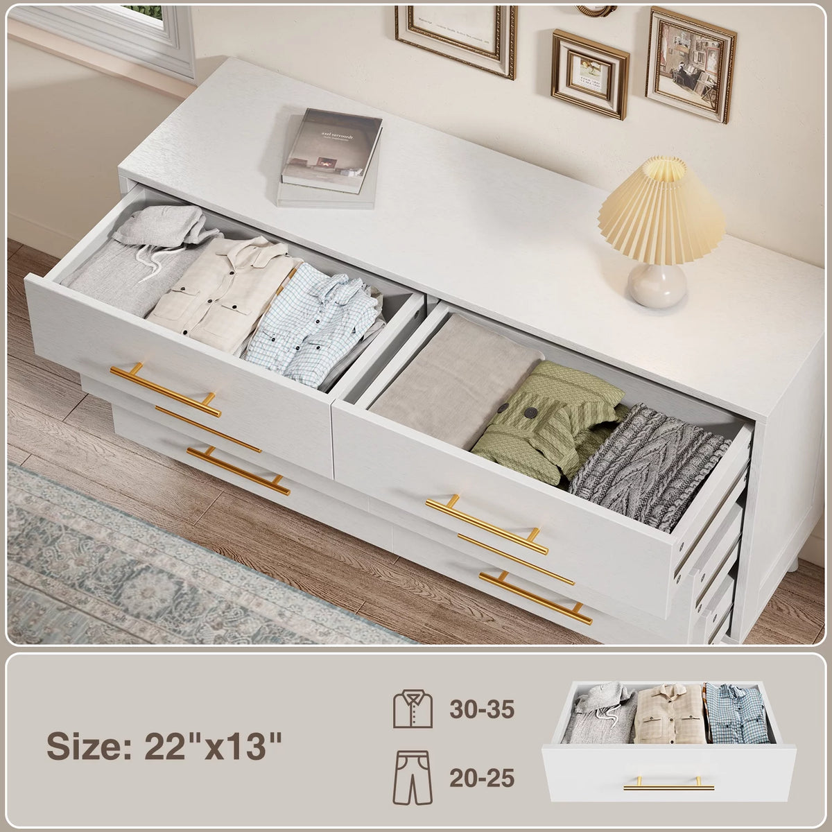 White 6 Drawer Dresser with Gold Handles A991735