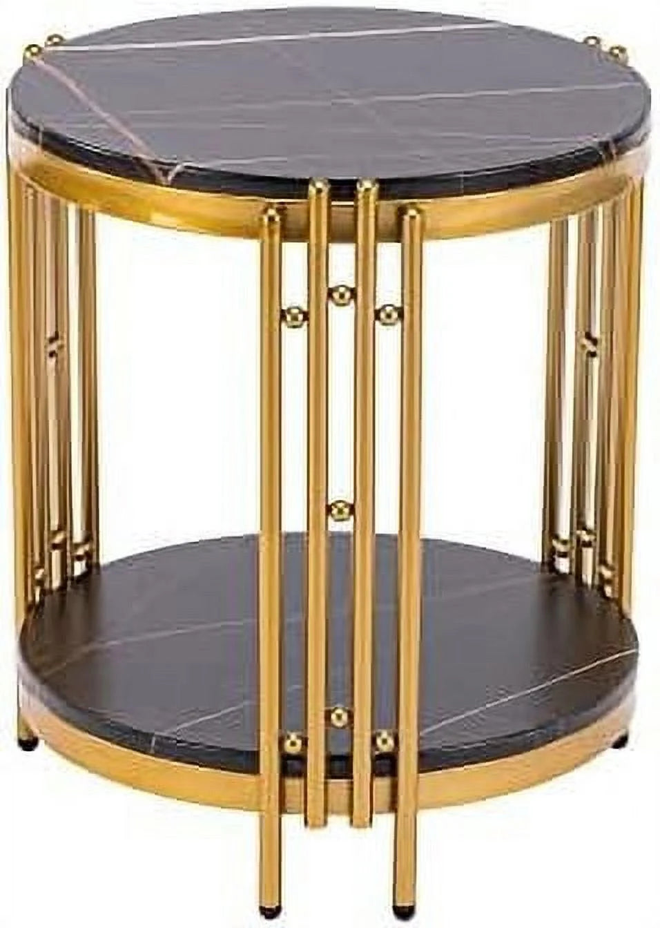 Black Faux Marble Round End Table with Storage Shelves C5845