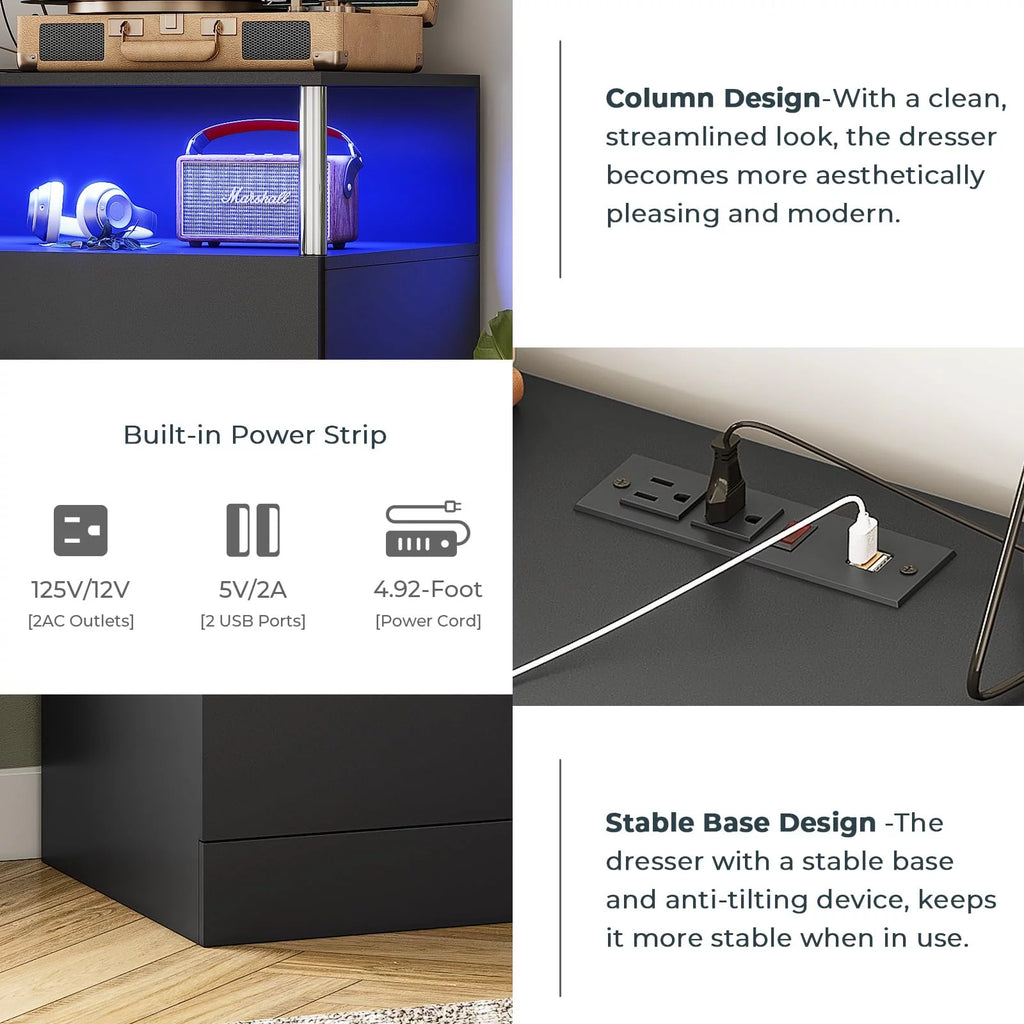 Black 6 Drawer Dresser with Charging Station and LED Light I969804