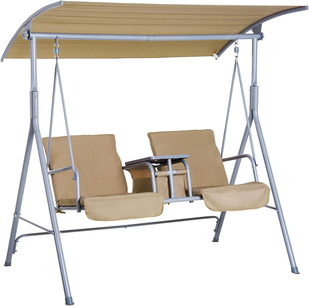 2 Person Covered Swing with Canopy, Table and Storage Console, Grey E9224