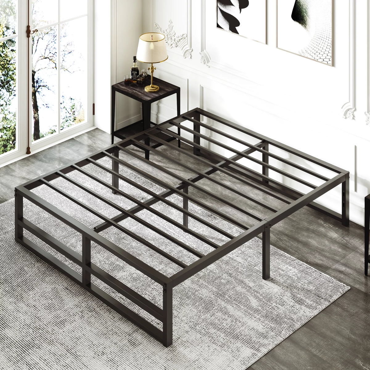 Queen Size Black Metal Platform Bed Frame T5103
