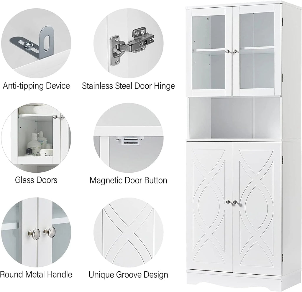 White Bathroom Storage Cabinet with Glass Doors and Adjustable Shelves D392