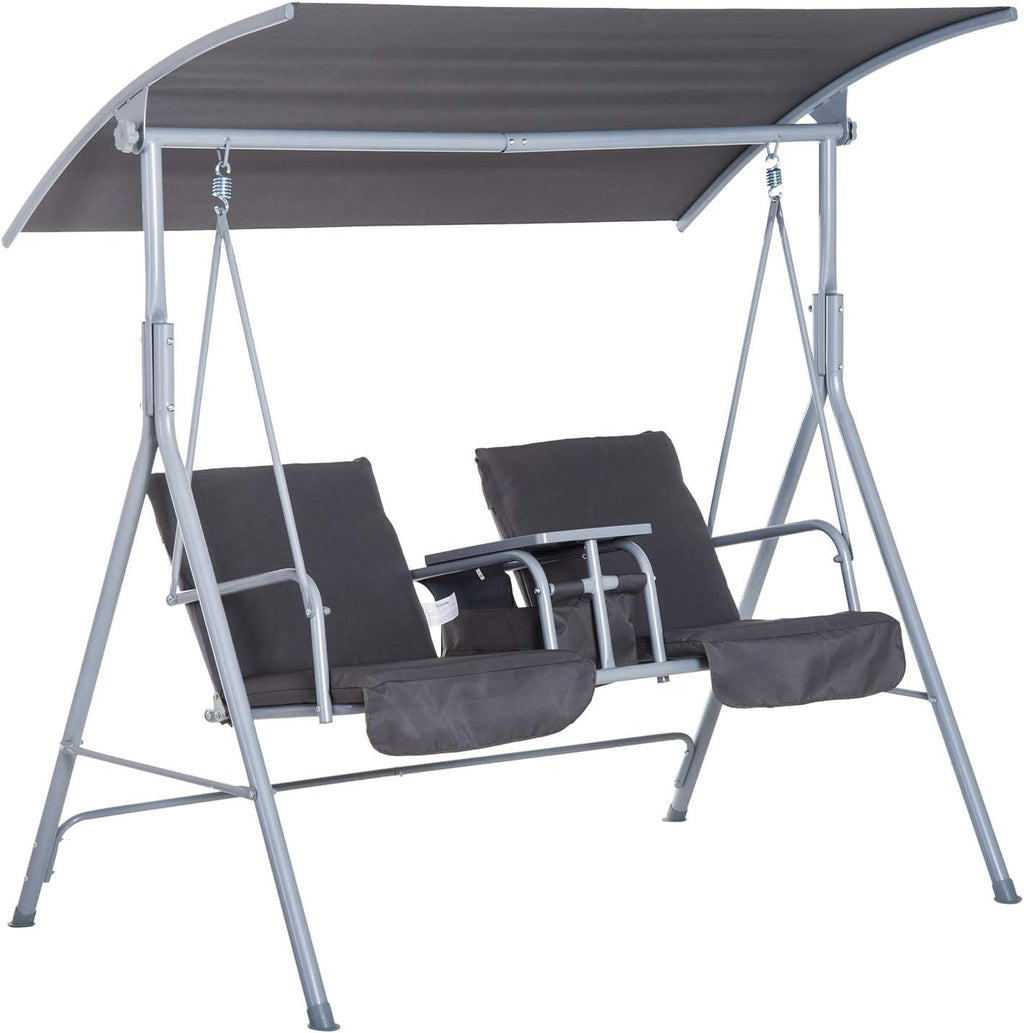 2 Person Covered Swing with Canopy, Table and Storage Console, Grey E9224