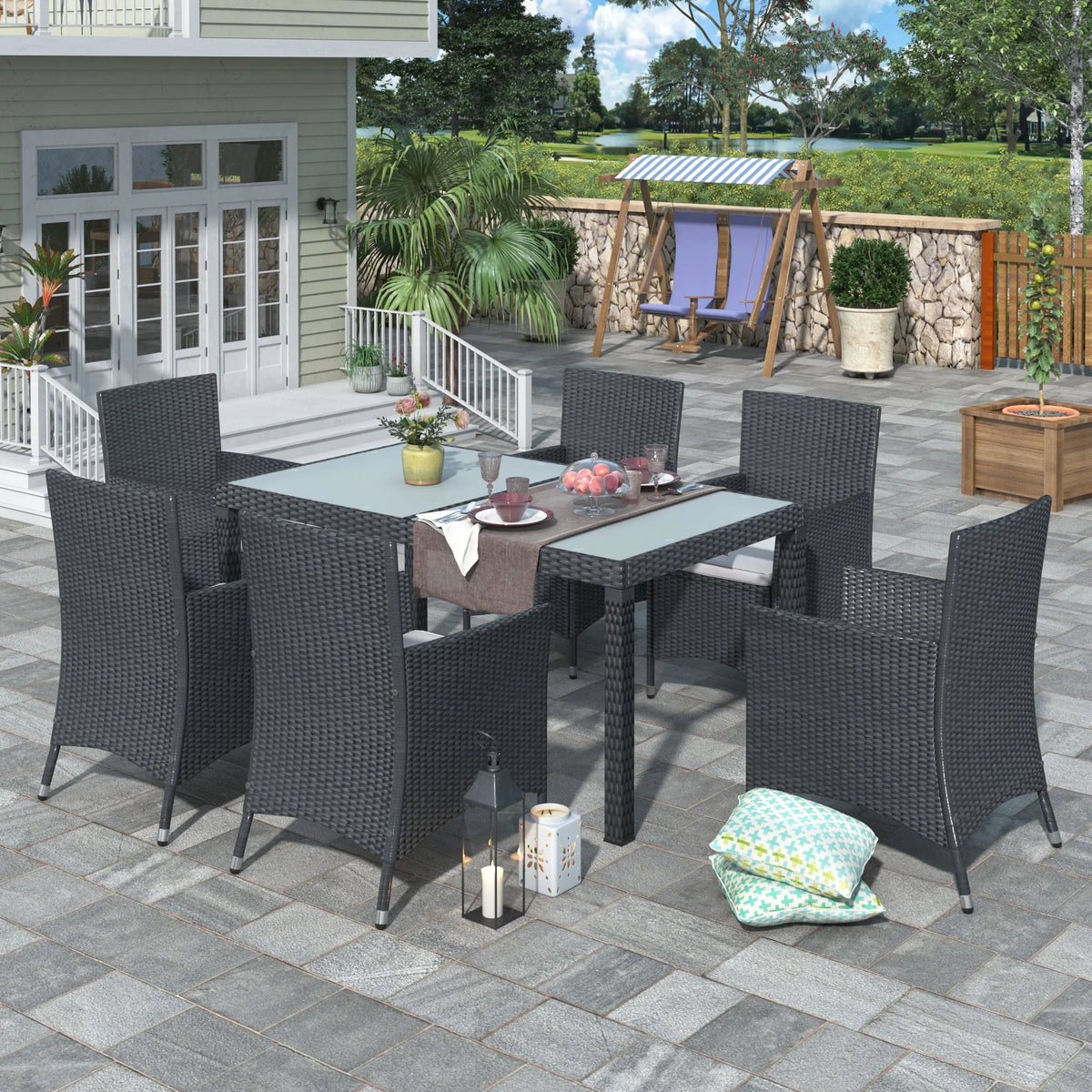 Outdoor PE Rattan Wicker Dining Set of 7 with 6 Chairs H100