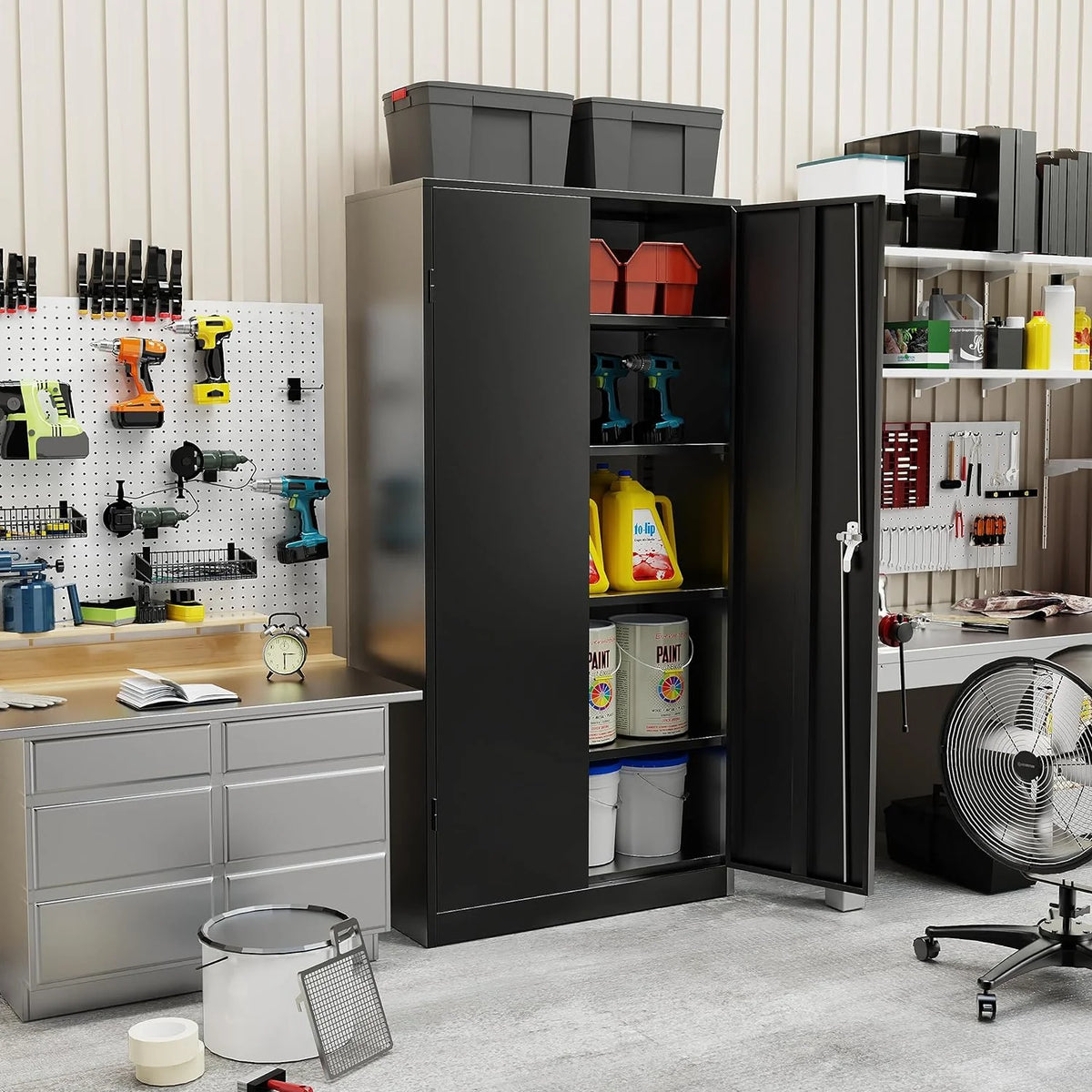 72" Black Metal Storage Cabinet with Doors and Shelves O973115