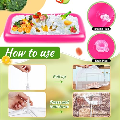 128 Pcs Inflatable Cooler with 2 Serving Bars, Food Cover, Salad Bowl, Utensils, Appetizer Tray, 100 Labels T2760