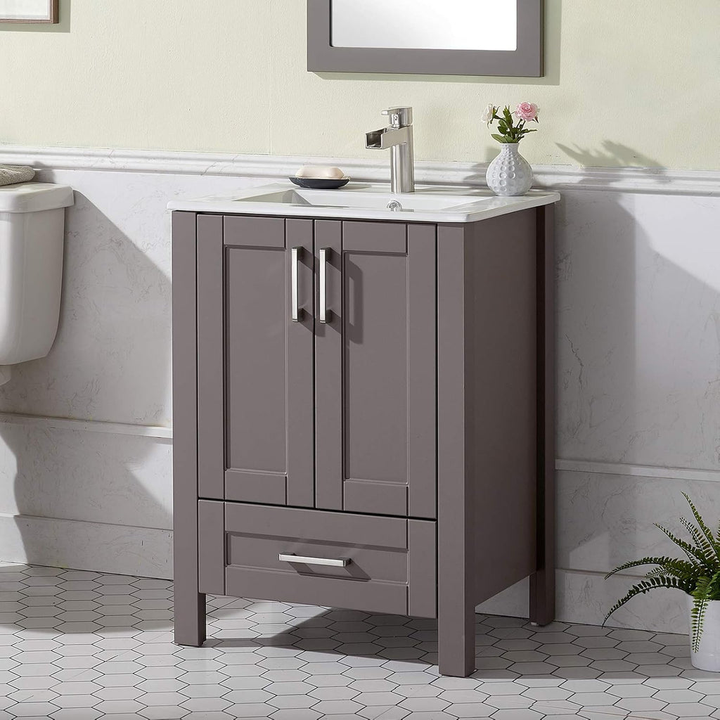 24 Inch Grey Wood Bathroom Vanity with Ceramic Sink F727