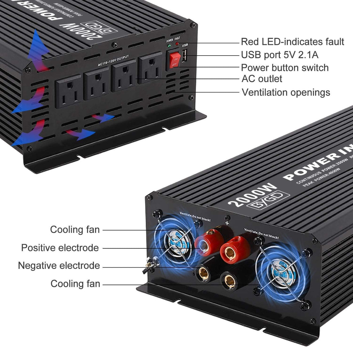 2000W Power Inverter 12V to 110V Modified Sine Wave with 4 AC Outlets L783