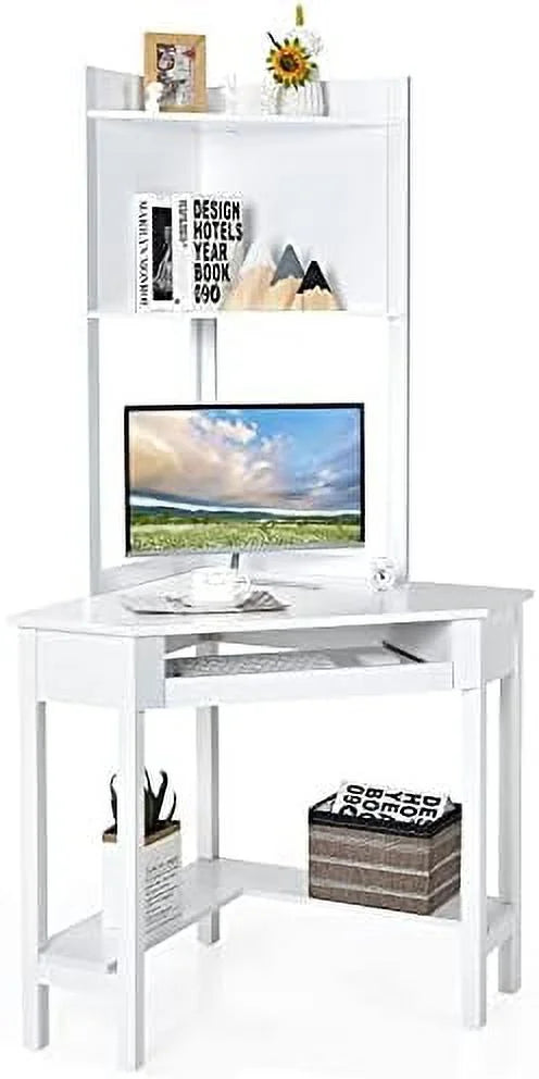 White Corner Computer Desk with Hutch and Shelves V926