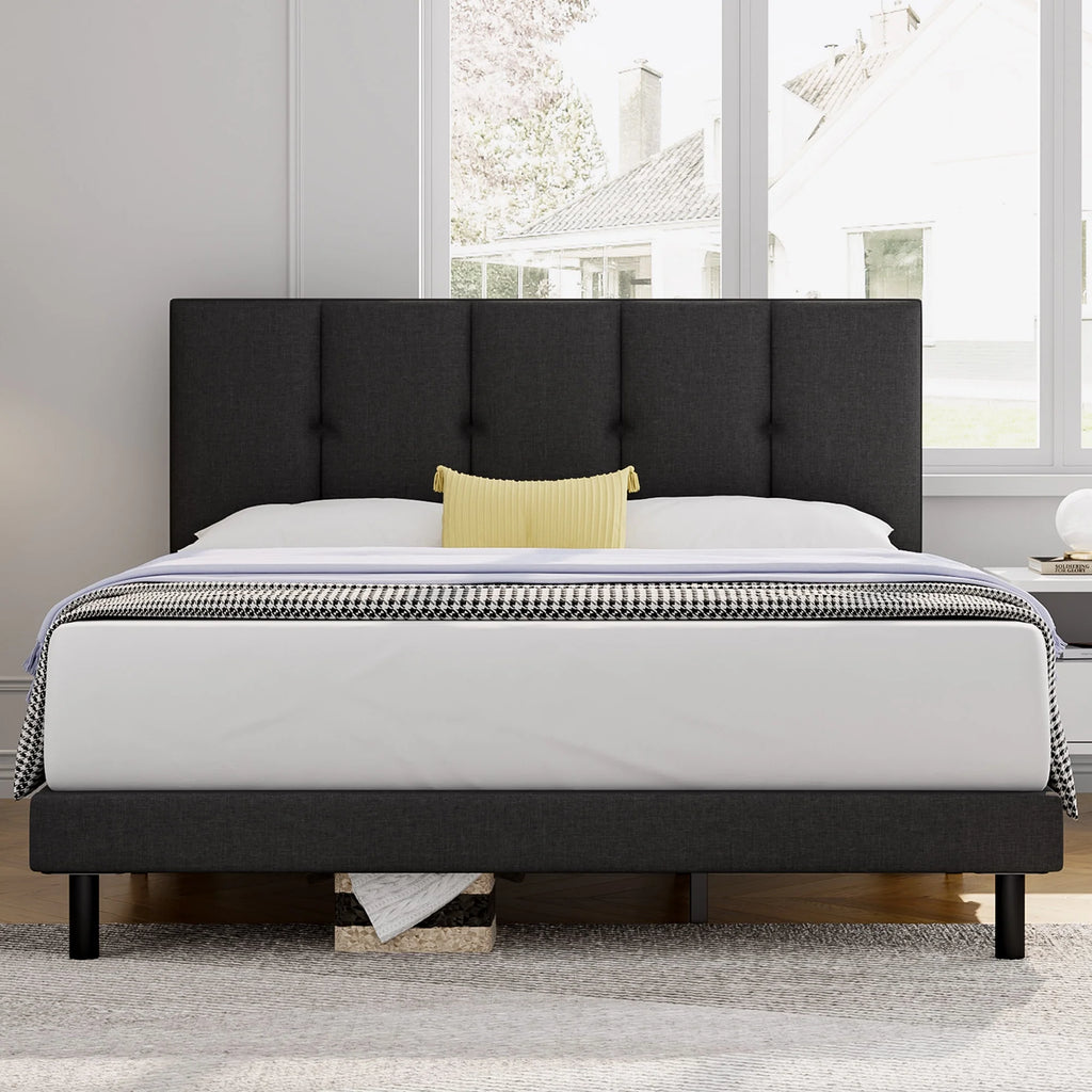 Full Size Bed Frame with Upholstered Headboard and Wooden Slats F382