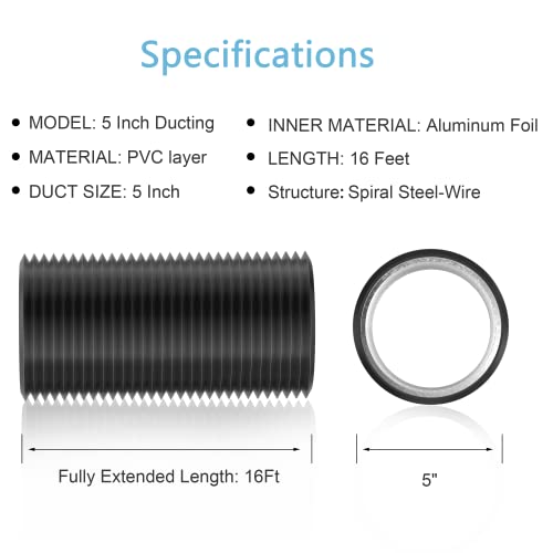 4'' Insulated Flexible Duct 16FT with 2 Duct Clamps G490