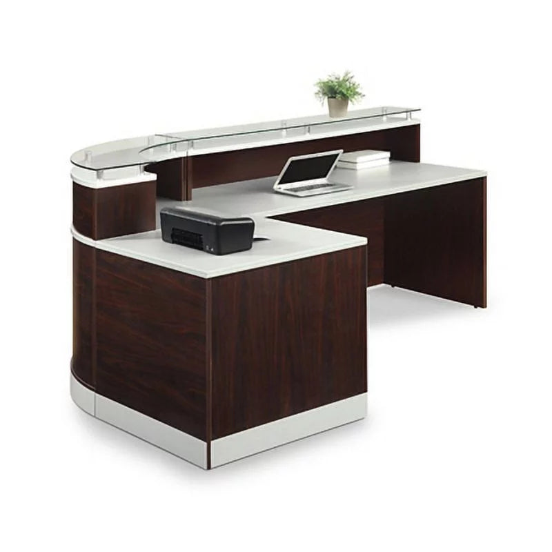 Glass Top Reception Desk Mahogany Laminate Silver F3850