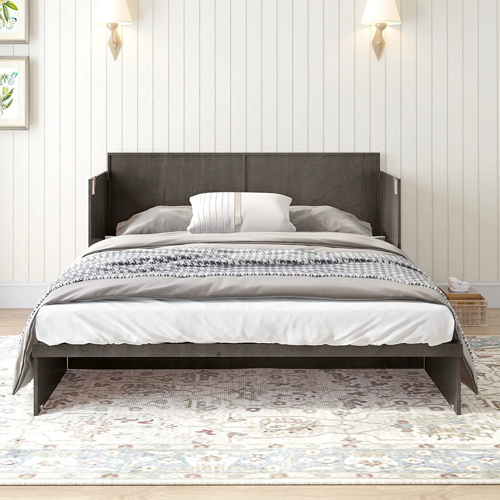Queen Size Cabinet Bed with USB Charging Station & Folding Foam Mattress I8754