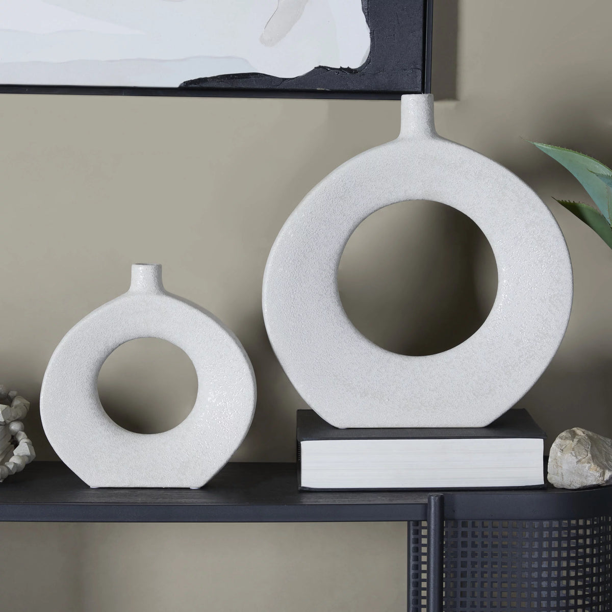 White Ceramic Donut Shaped Vase Set of 2 Q214979