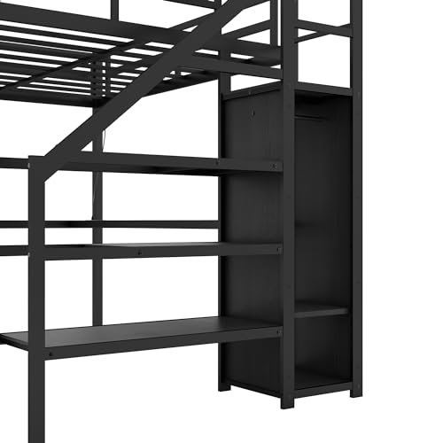 Full XL Size Black Metal Loft Bed with L-Shaped Desk and Stairs Z400612