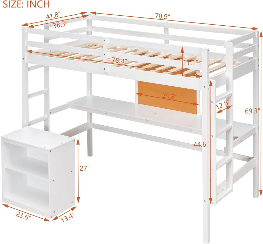 White Wood Loft Bed with Desk and Storage A41437