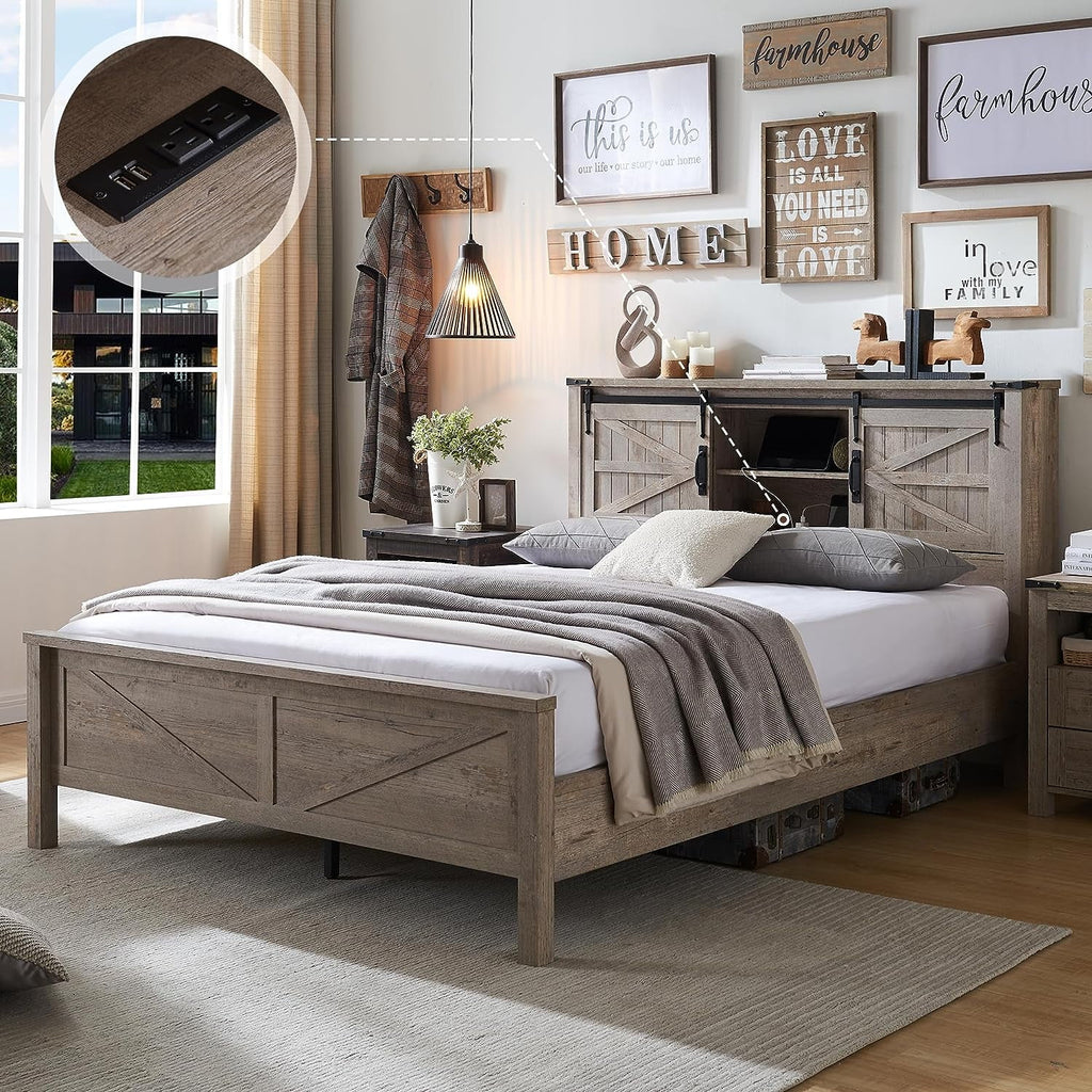 Full Platform Bed with Bookcase Headboard and Charging Station U1933