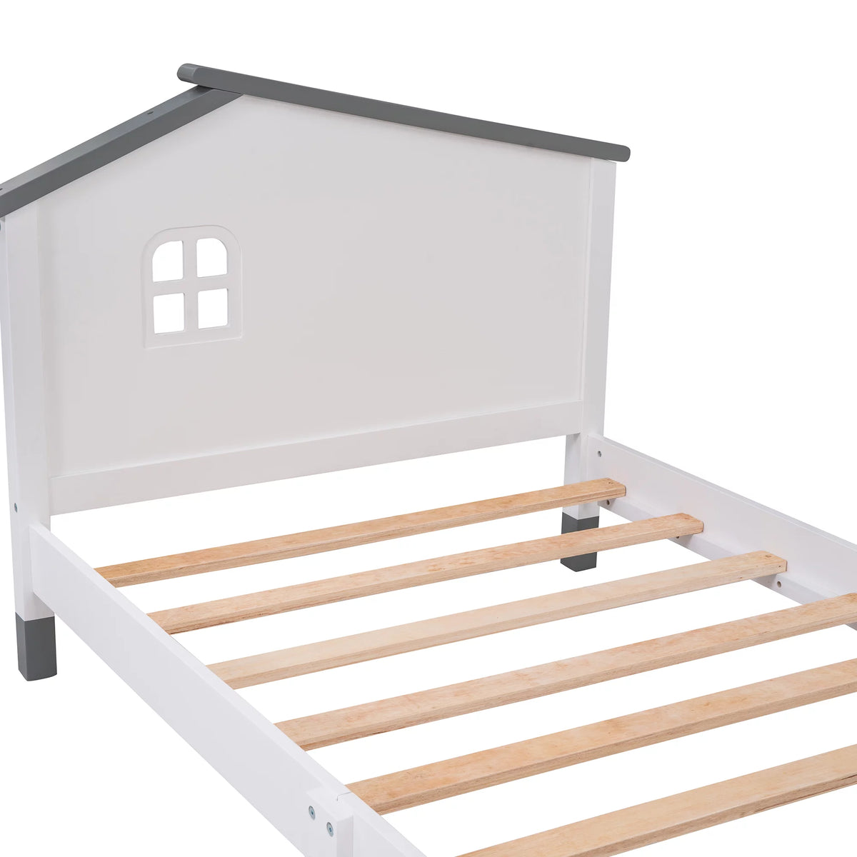 White Gray Twin Size Solid Wood Platform Bed with House-shaped Headboard A716216