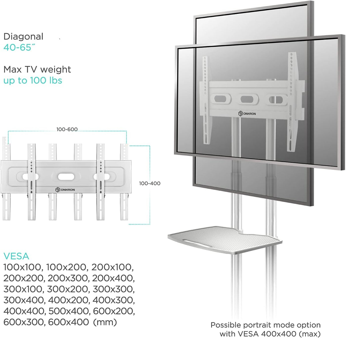 Mobile TV Stand for 32 to 65 Inch TV Screens with Wheels Shelves A534