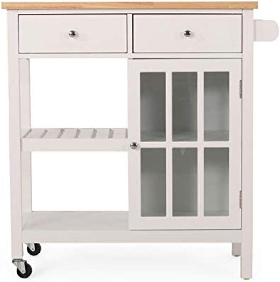 White and Natural Kitchen Cart with Wheels X559
