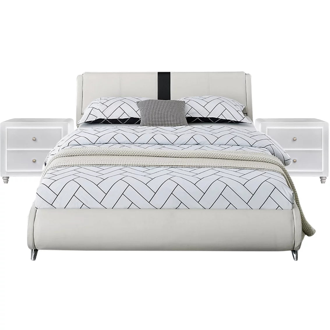Queen White Platform Bedroom Set with Striped Headboard J4045