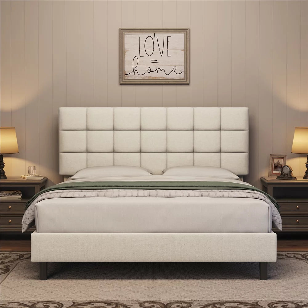 Queen Size Beige Upholstered Platform Bed J88236