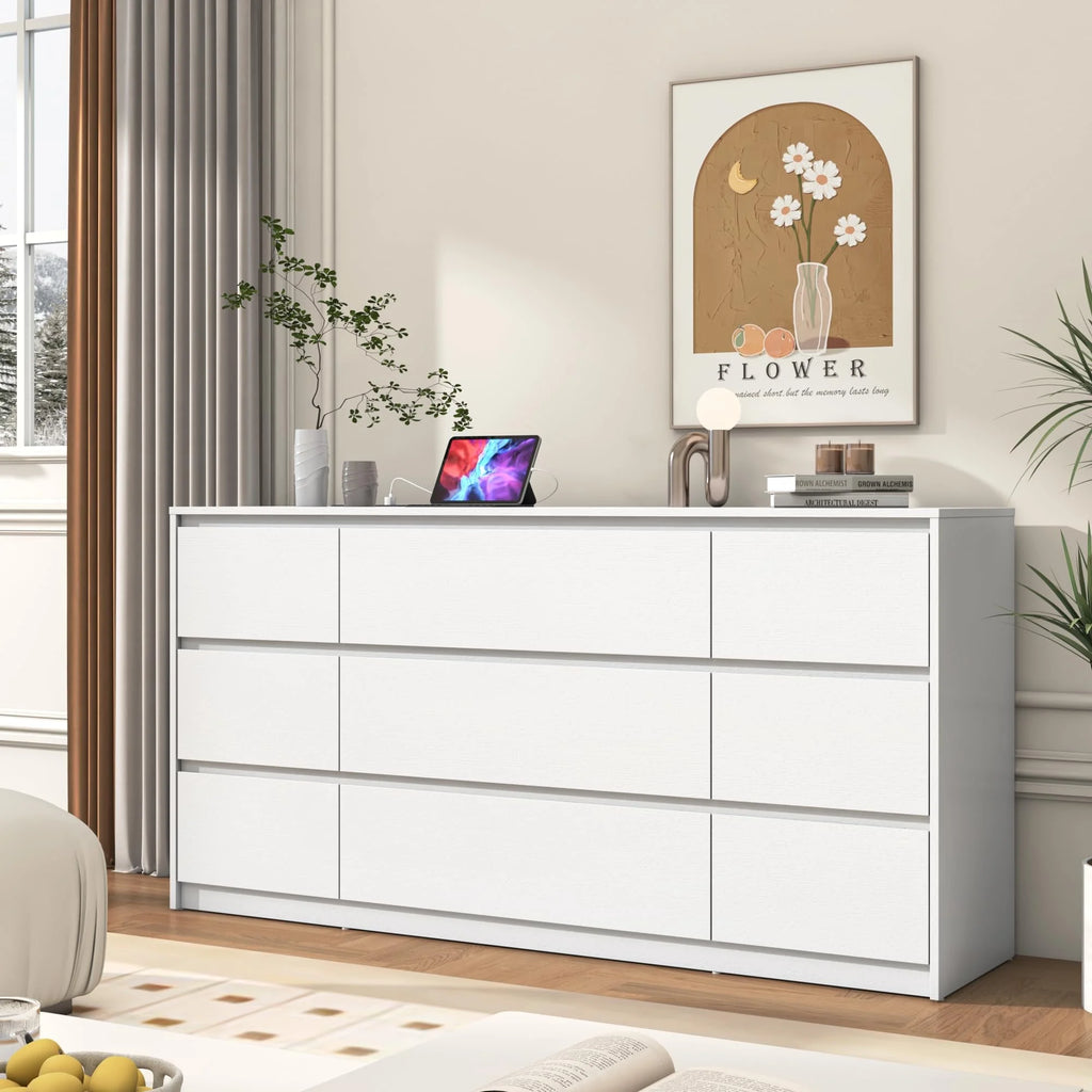 White 9 Drawer Wood Dresser with Charging Station G99946