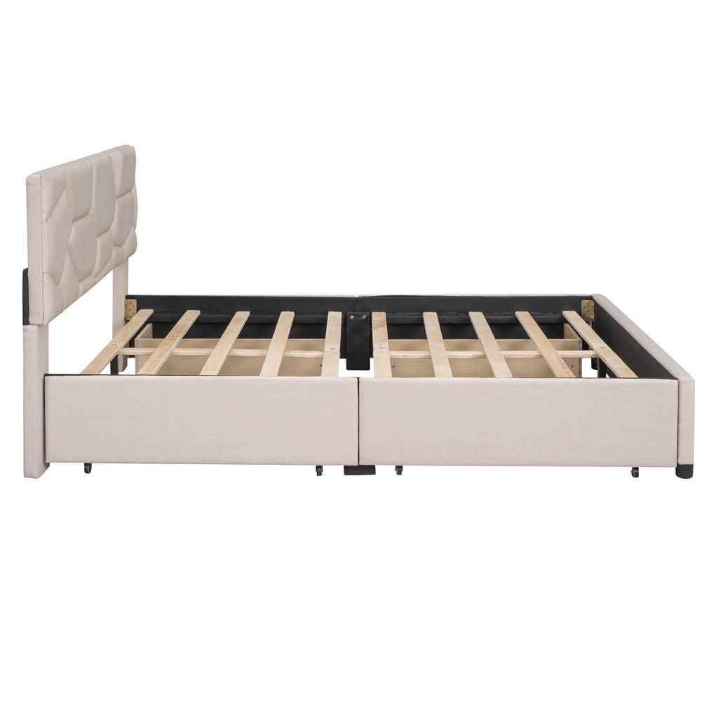 Beige Queen Linen Fabric Upholstered Storage Bed Frame with 4 Drawers R579