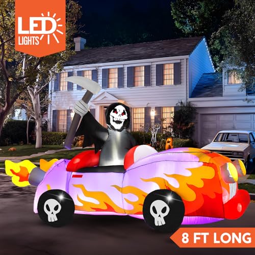 8ft Long Halloween Inflatable Grim Reaper Driving Car with Build-in LEDs H279023