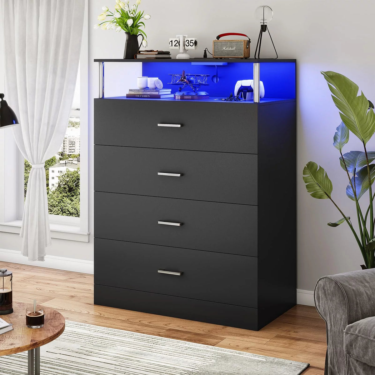 Black 6 Drawer Dresser with Charging Station and LED Light I969804