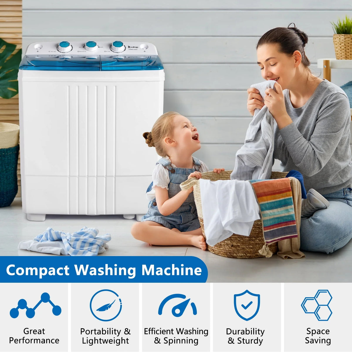 Portable Twin Tub Mini Clothes Washing Machine with Drain Pump, Grey Q7828
