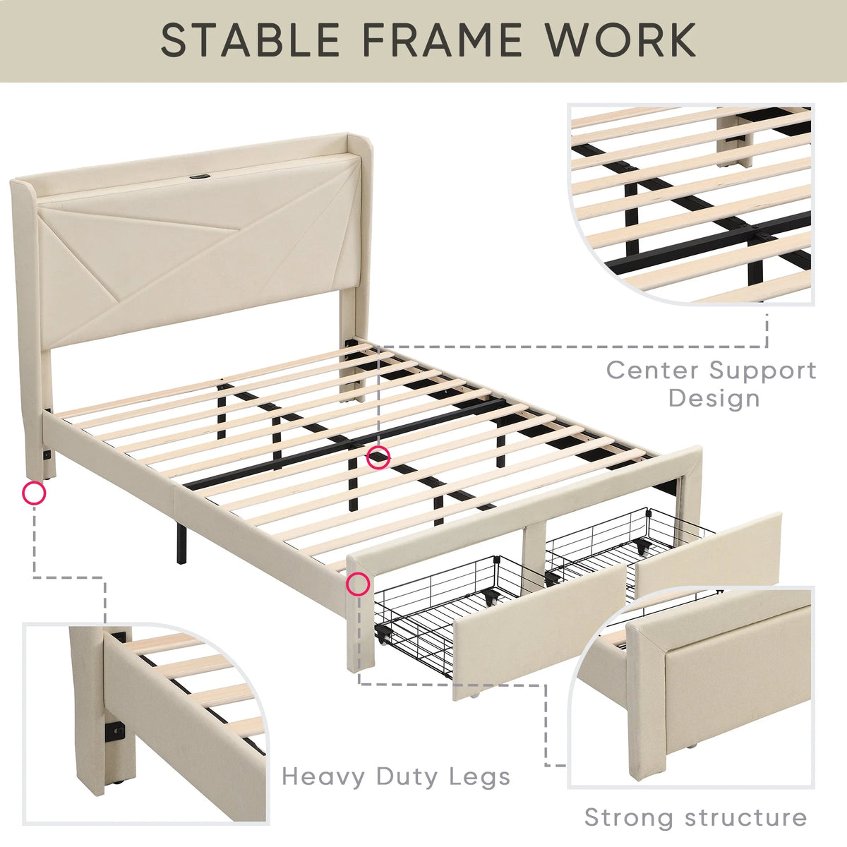 Beige Full Size Bed Frame with 2 Storage Drawers M3065