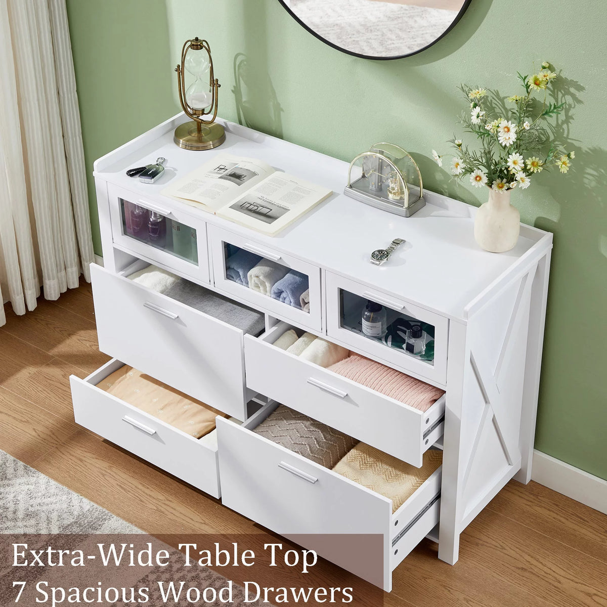 3-Piece Bedroom Set with 7 Drawers LED Dresser and 2 Nightstands, White I6316