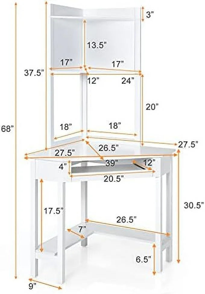 White Corner Computer Desk with Hutch and Shelves V926