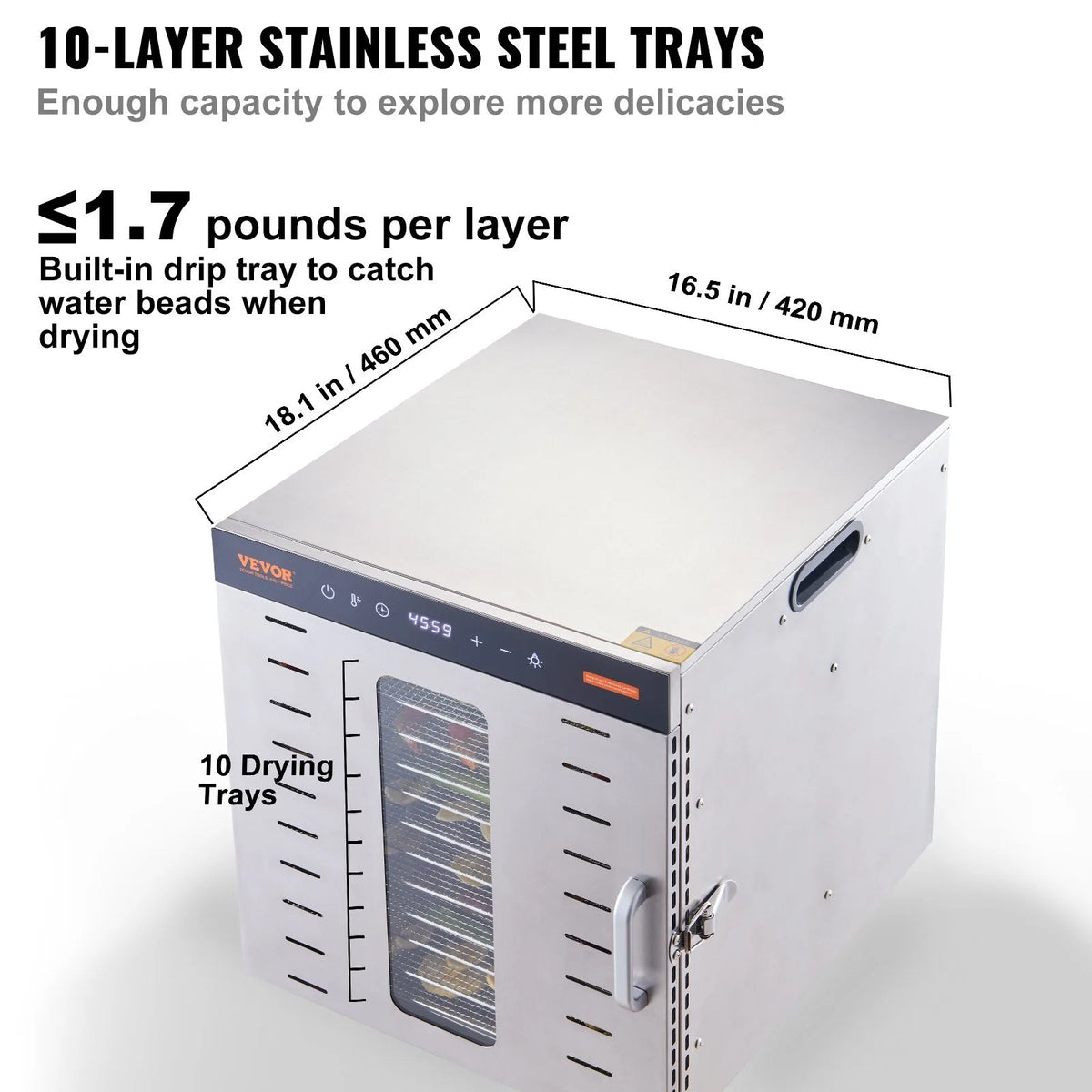 Food Dehydrator Machine, 10 Stainless Steel Trays, 1000W Electric Food Dryer R193323