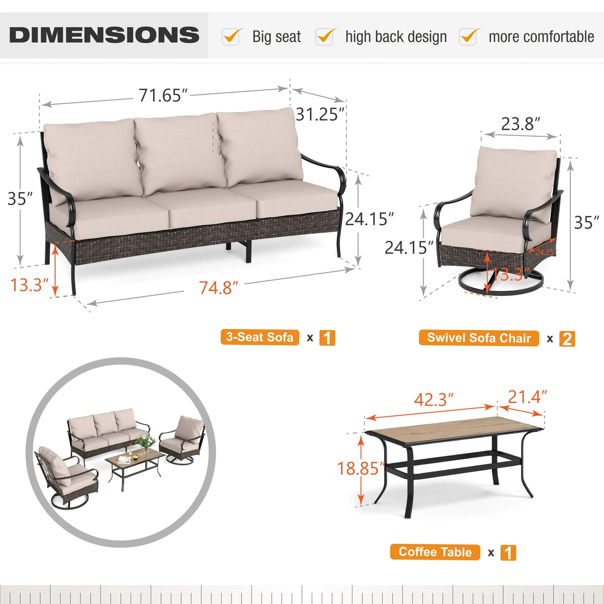 4 Piece Metal Patio Conversation Sofa Set V44832