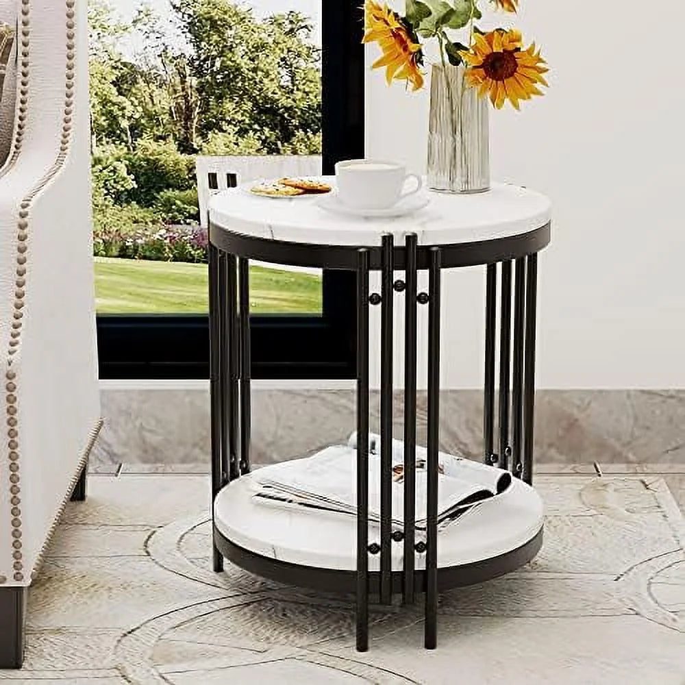 Black Faux Marble Round End Table with Storage Shelves C5845
