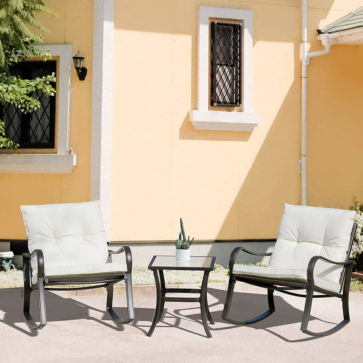 3 Pieces Bistro Set Rocking Chairs Cushion Glass Top Table Blue C70869