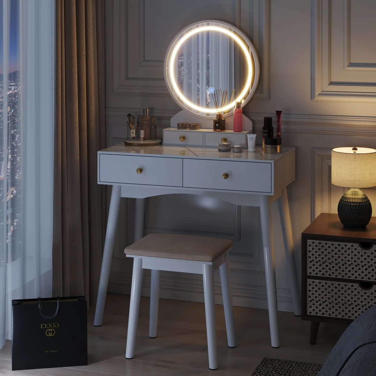 White Vanity Table with Lighted Mirror, Stool and 4 Drawers T4159