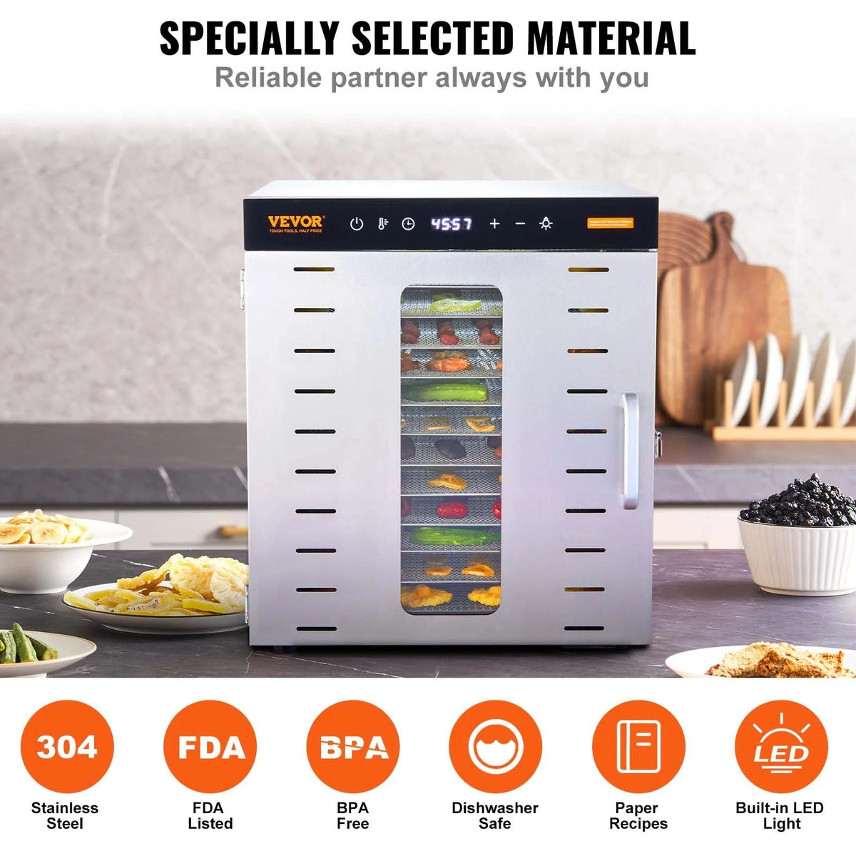Food Dehydrator Machine, 10 Stainless Steel Trays, 1000W Electric Food Dryer R193323