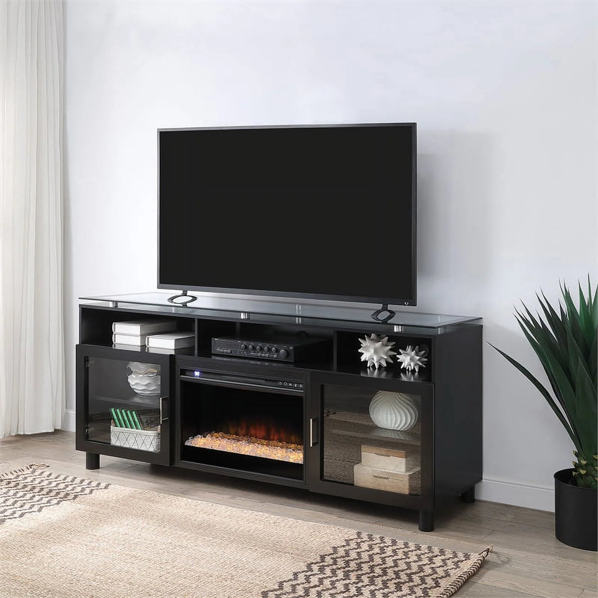 72" Black Engineered Wood TV Stand with Tempered Glass R15181
