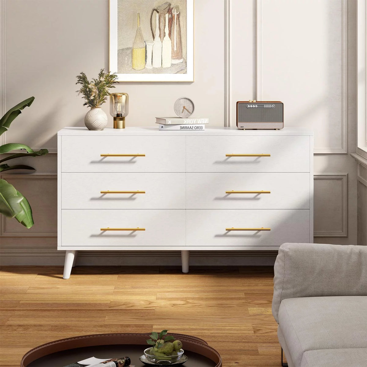 White 6 Drawer Dresser with Gold Handles A991735