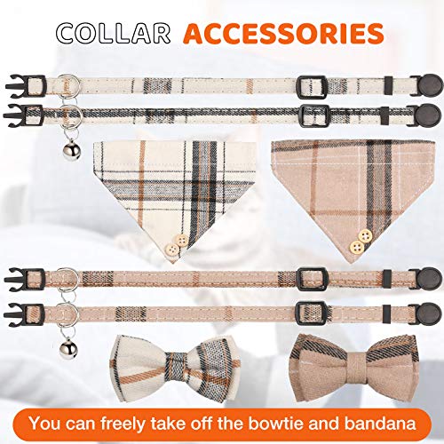 4 Pieces Breakaway Cat Collar Bandana with Plaid Scarf and Bowtie Bell F918535