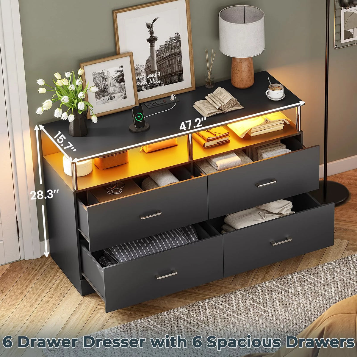 Black 6 Drawer Dresser with Charging Station and LED Light I969804