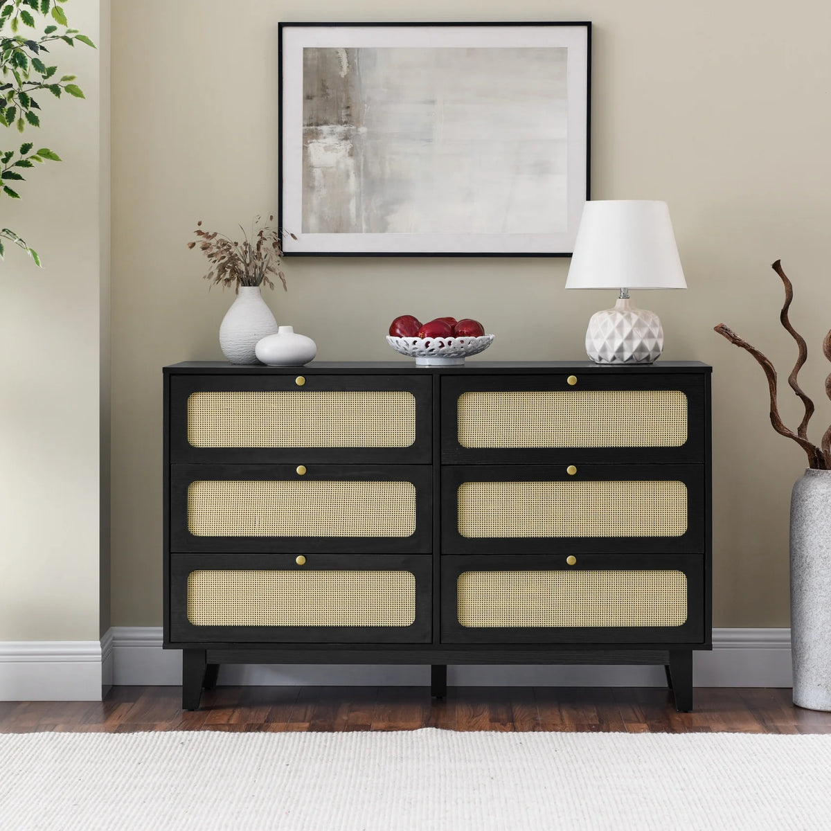 6 Drawer Wooden Dresser with Rattan Drawers M429872