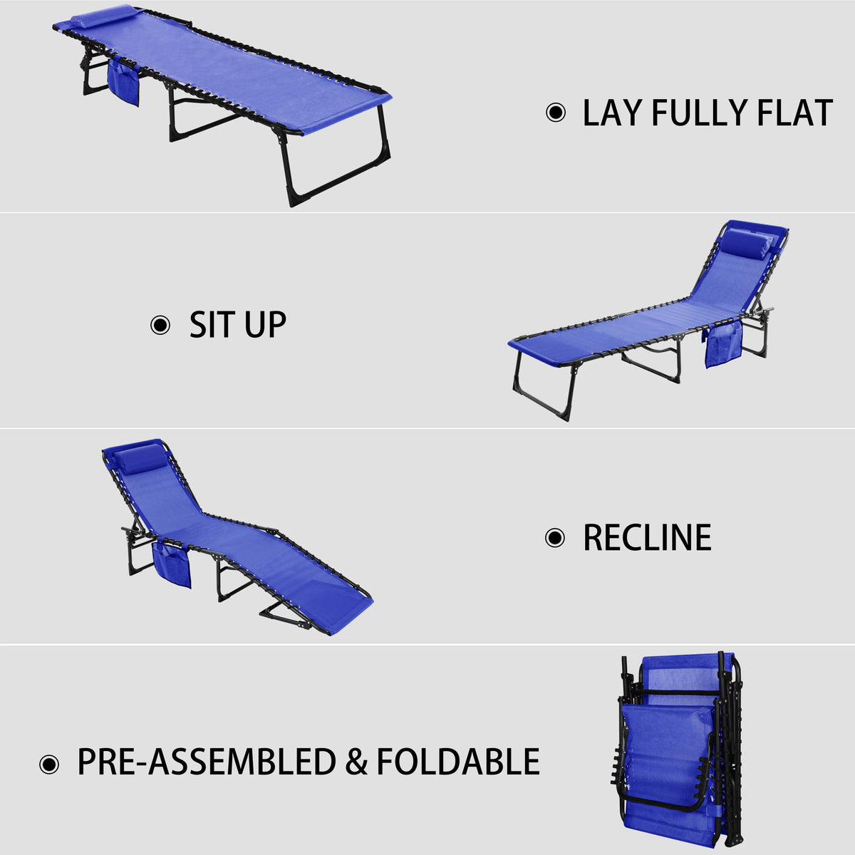 Blue 4-Fold Outdoor Chaise Lounge Chair with Pillow D414