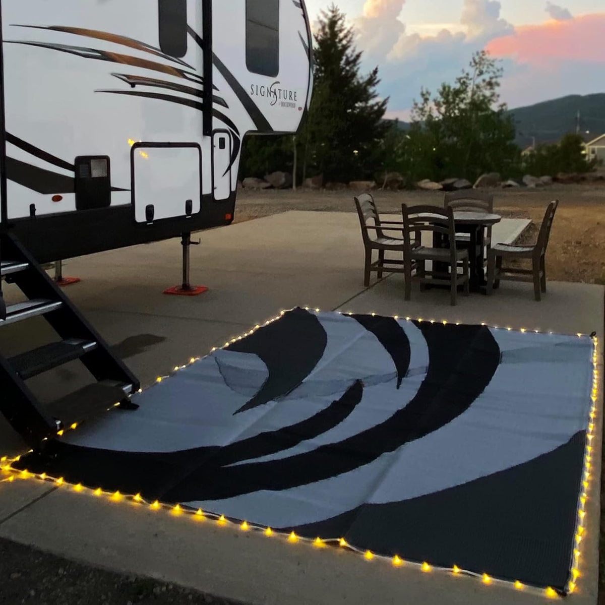LED Illuminated Patio Mat 8-Feet x 18-Feet Black/White/Grey RV Camping Mat P354868
