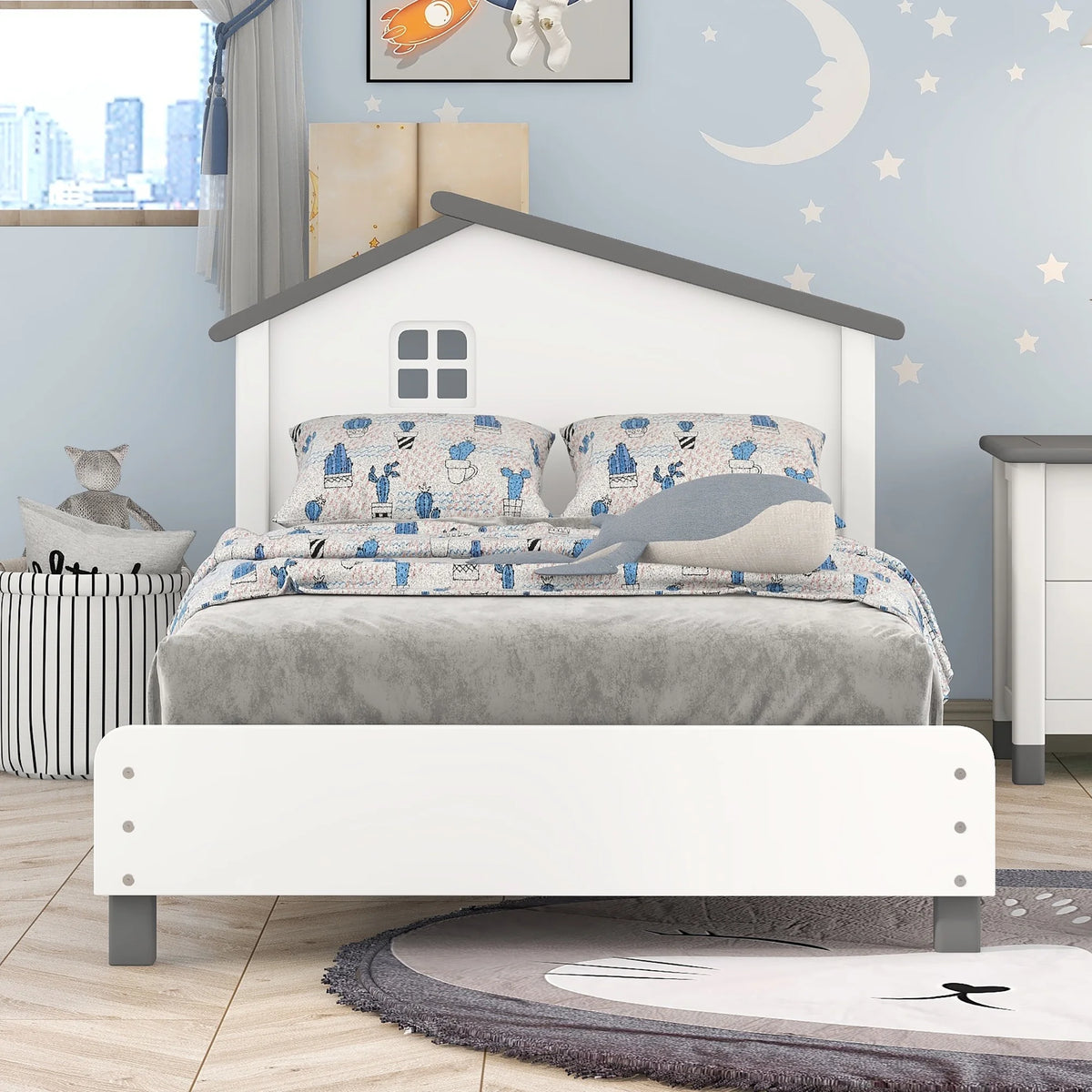 White Gray Twin Size Solid Wood Platform Bed with House-shaped Headboard A716216