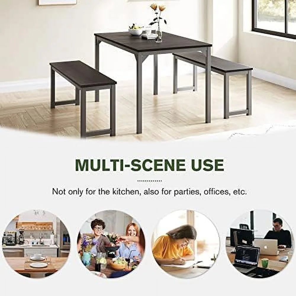 45" Dining Table Set for 4, 3-Pieces with Benches, Metal Frame and Wood Board, Brown L4600