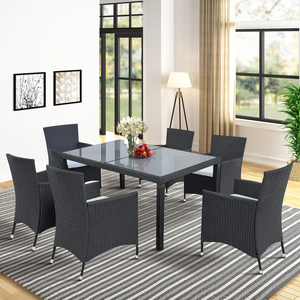 Outdoor PE Rattan Wicker Dining Set of 7 with 6 Chairs H100